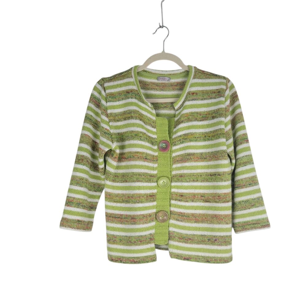 Per Una Cardigan Sweater Womens size 16 Green Striped  Button Trim 3/4 Sleeves
